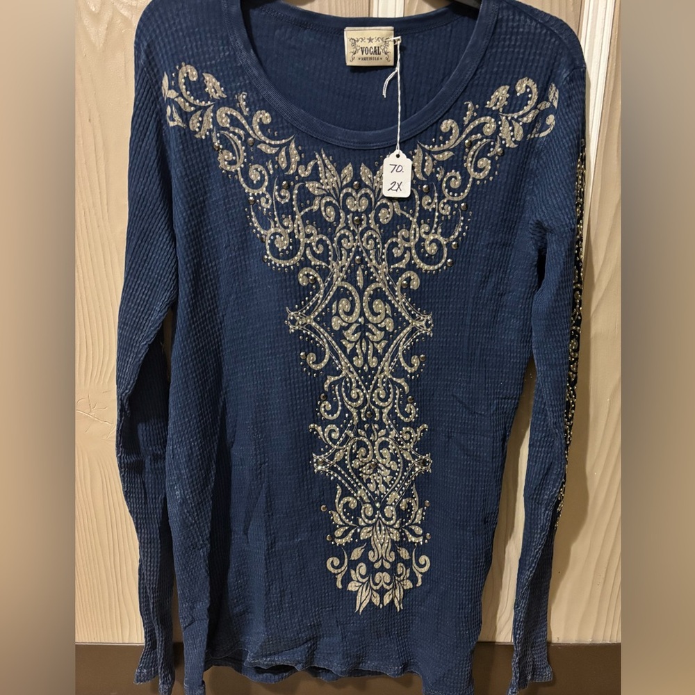 Vocal Navy Long Sleeve Thermal Top with Silver Embellishment